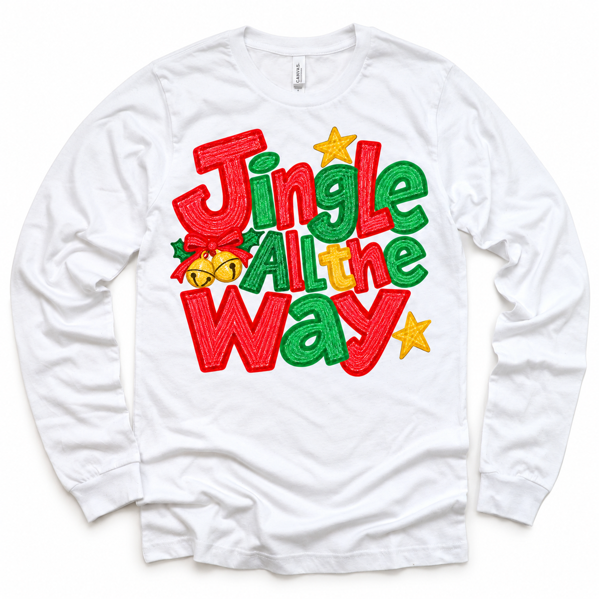 Jingle All the Way Christmas design on a white long sleeve tee
