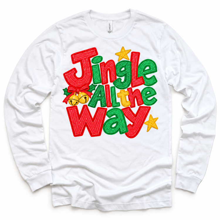 Jingle All the Way Christmas design on a white long sleeve tee