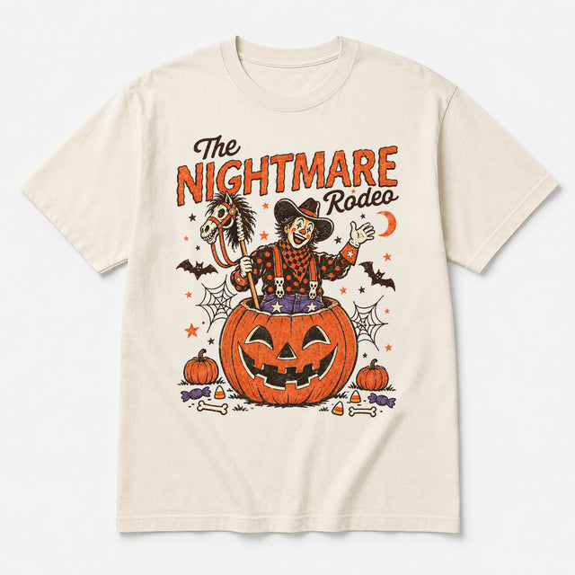 Ivory Comfort Colors T-shirt with The Nightmare Rodeo Halloween graphic featuring a cowboy clown in a jack-o-lantern, bats and spiderwebs