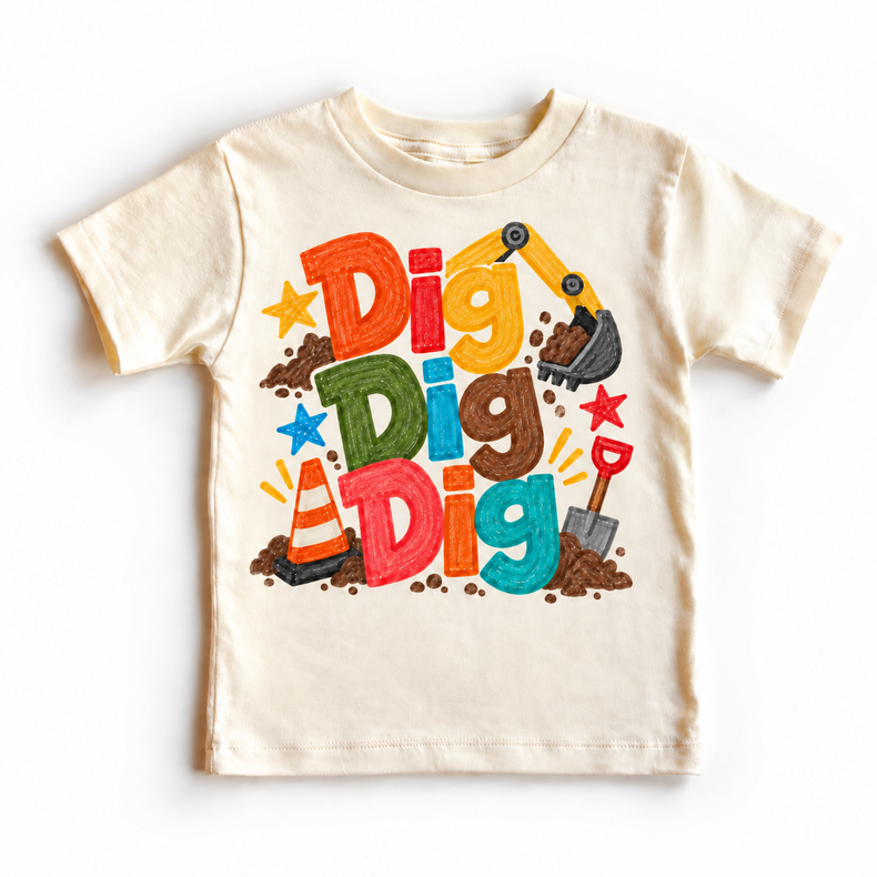 Dig Dig Dig design on a natural tee