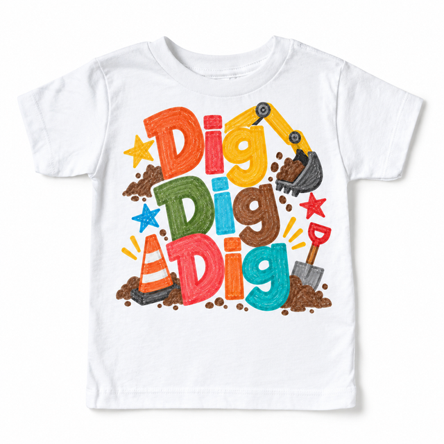 Dig Dig Dig design on a white tee