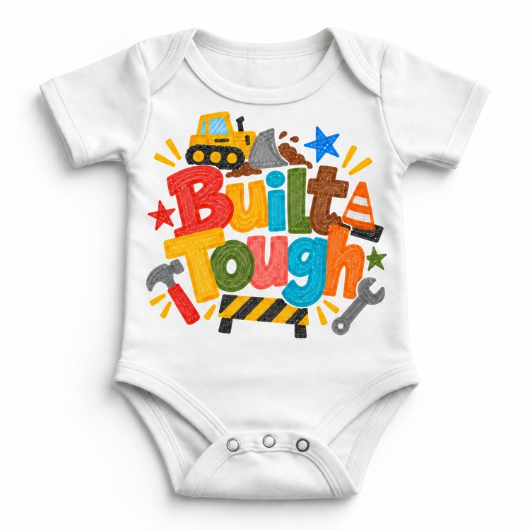 Built Tough design on a white bodysuit