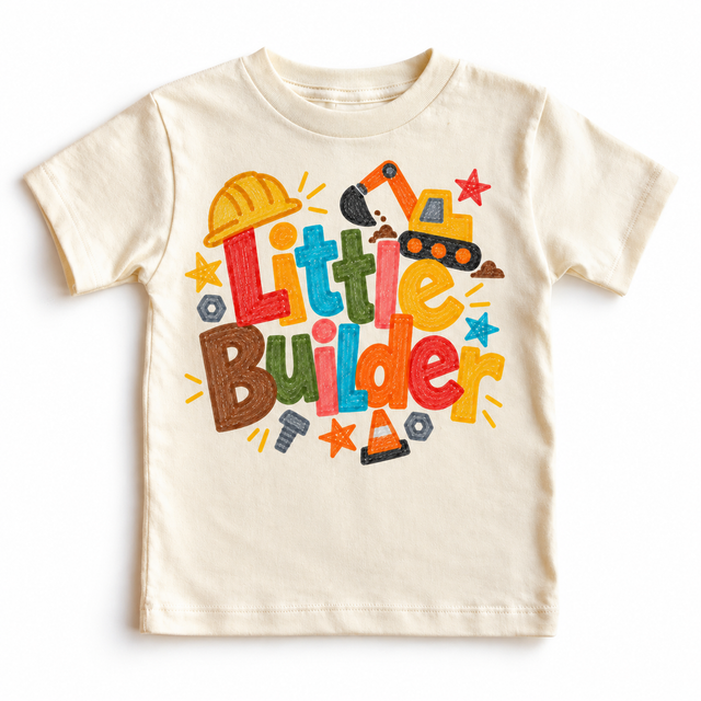 Little Builder design on a natural tee