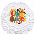 Little Builder design on a white long sleeve tee
