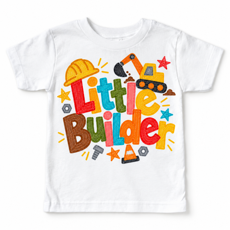 Little Builder design on a white tee