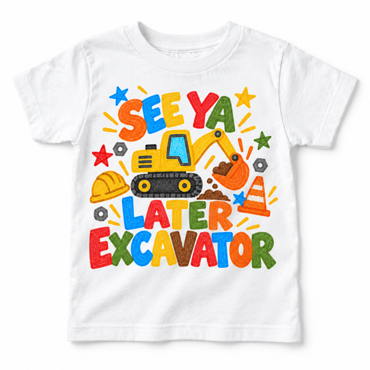See Ya Later Excavator design on a white tee