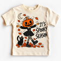 It's Spooky Season graphic on natural tee, front view on white background