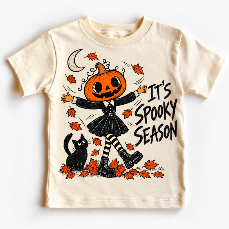 It's Spooky Season graphic on natural tee, front view on white background