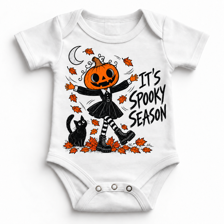 It's Spooky Season graphic on white bodysuit, front view on white background