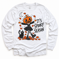 It's Spooky Season graphic on white long sleeve tee, front view on white background