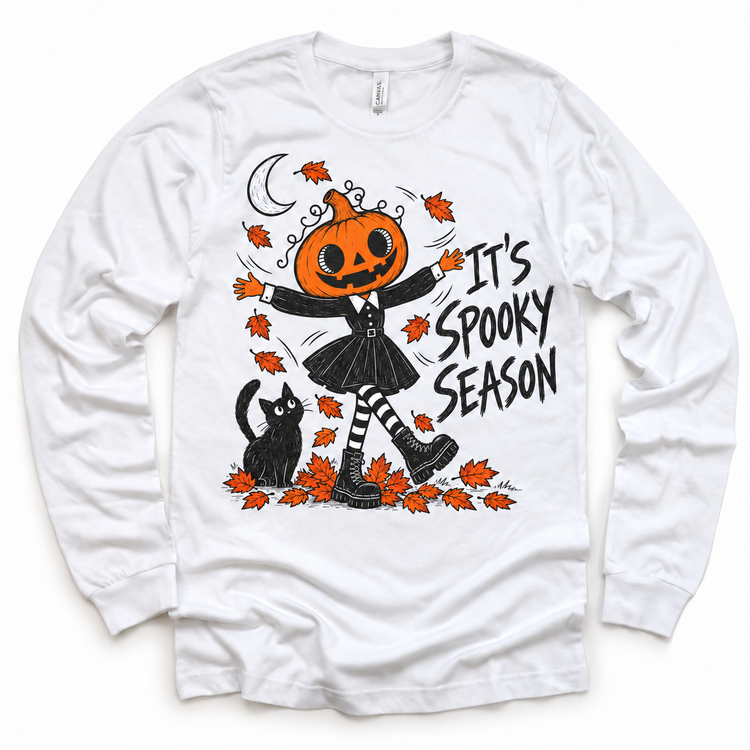 It's Spooky Season graphic on white long sleeve tee, front view on white background