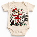 It's Christmas Season graphic on natural bodysuit, front view on white background
