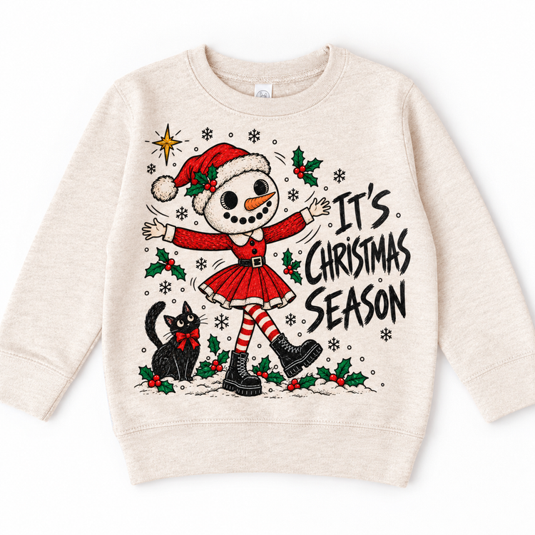 It's Christmas Season graphic on natural sweatshirt, front view on white background