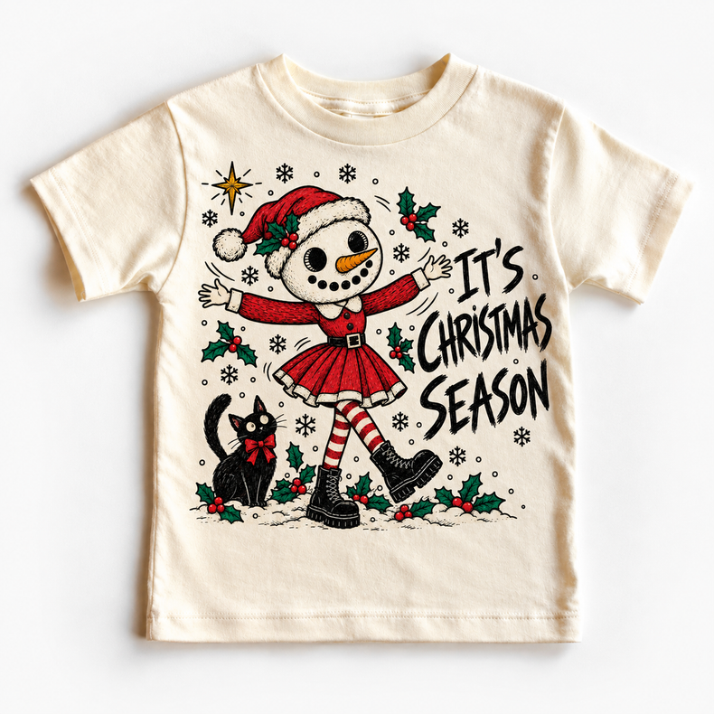 It's Christmas Season graphic on natural tee, front view on white background