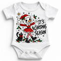 It's Christmas Season graphic on white bodysuit, front view on white background