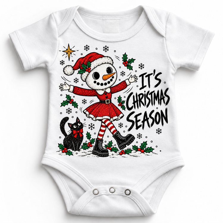 It's Christmas Season graphic on white bodysuit, front view on white background