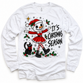 It's Christmas Season graphic on white long sleeve tee, front view on white background