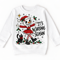 It's Christmas Season graphic on white sweatshirt, front view on white background