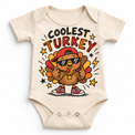 Coolest Turkey graphic on natural bodysuit, front view on white background