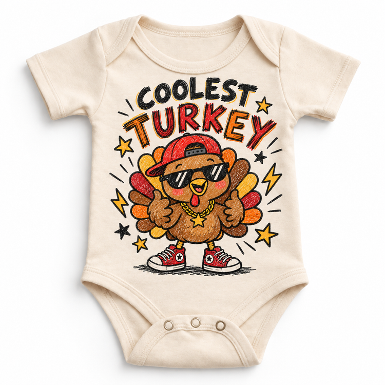 Coolest Turkey graphic on natural bodysuit, front view on white background