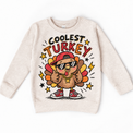 Coolest Turkey graphic on natural sweatshirt, front view on white background