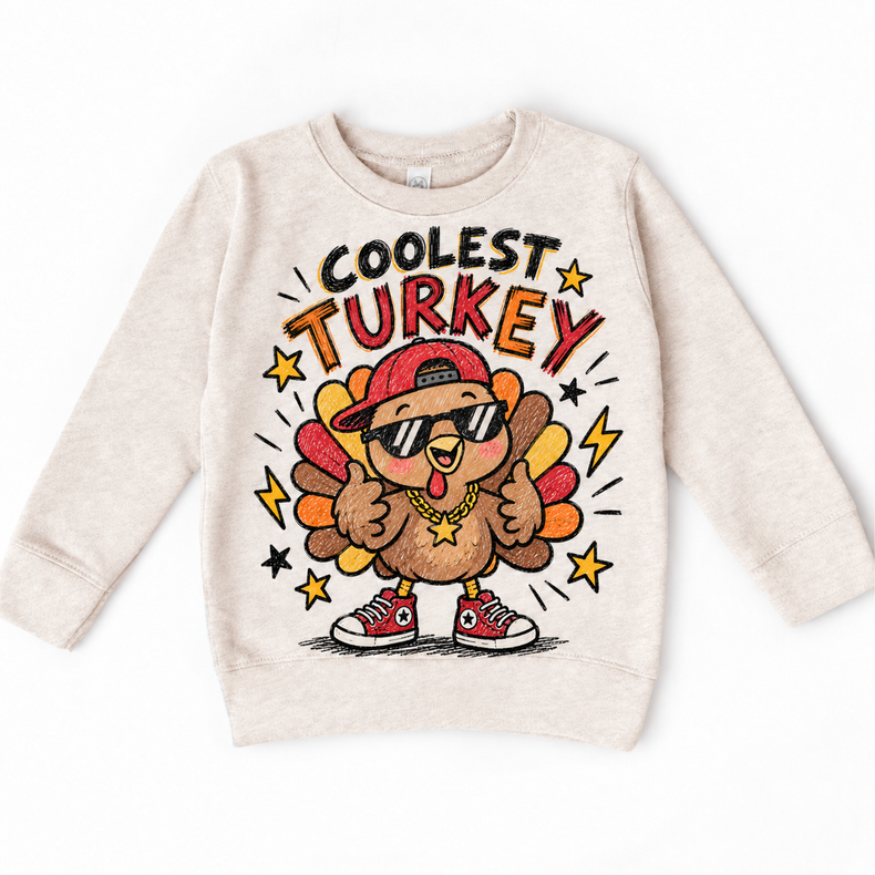 Coolest Turkey graphic on natural sweatshirt, front view on white background