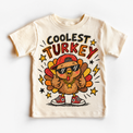 Coolest Turkey graphic on natural tee, front view on white background