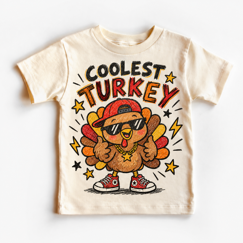 Coolest Turkey graphic on natural tee, front view on white background