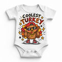 Coolest Turkey graphic on white bodysuit, front view on white background