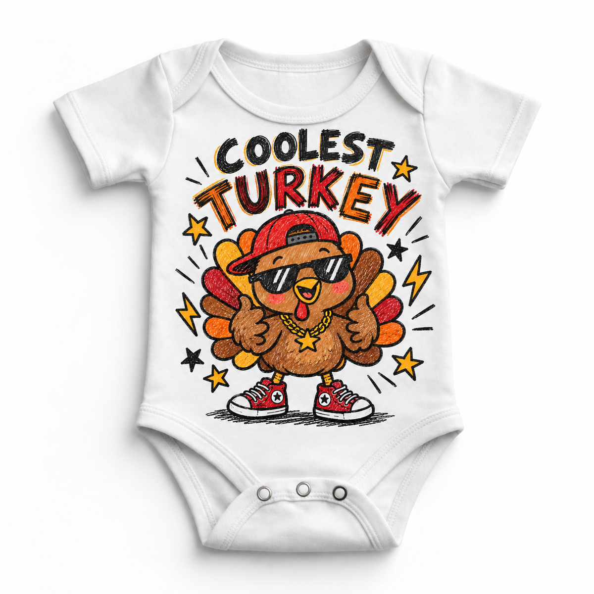 Coolest Turkey graphic on white bodysuit, front view on white background