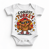 Coolest Turkey graphic on white bodysuit, front view on white background