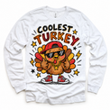 Coolest Turkey graphic on white long sleeve tee, front view on white background