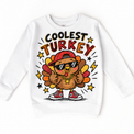 Coolest Turkey graphic on white sweatshirt, front view on white background