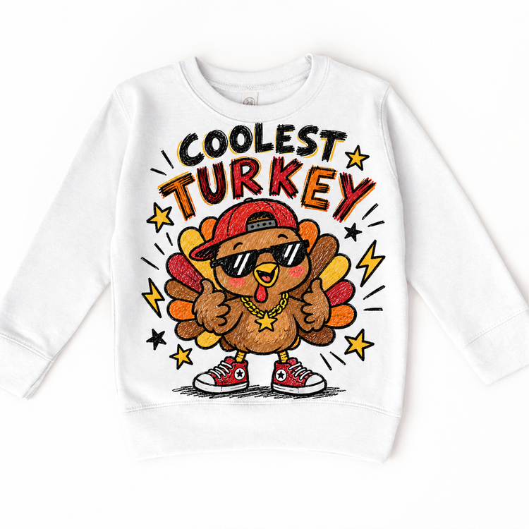 Coolest Turkey graphic on white sweatshirt, front view on white background