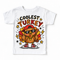 Coolest Turkey graphic on white tee, front view on white background
