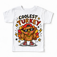 Coolest Turkey graphic on white tee, front view on white background