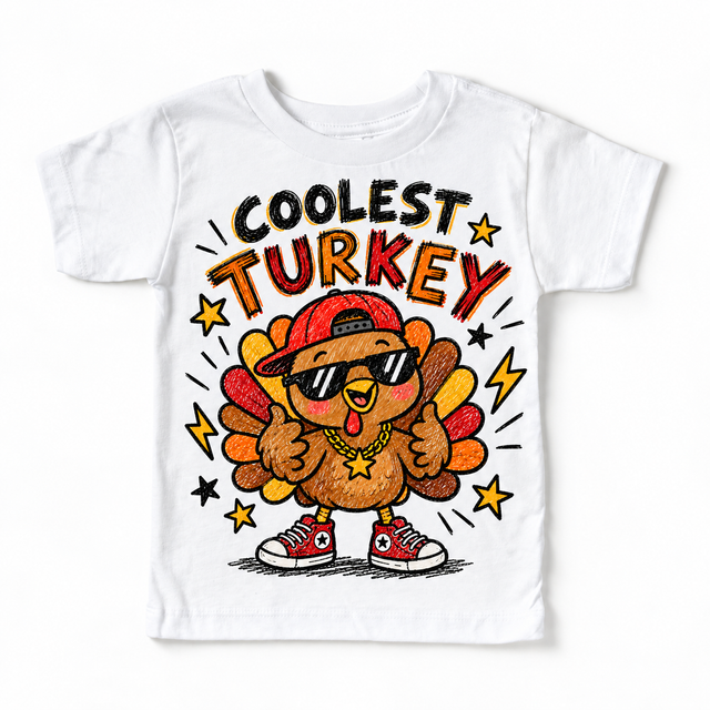 Coolest Turkey graphic on white tee, front view on white background