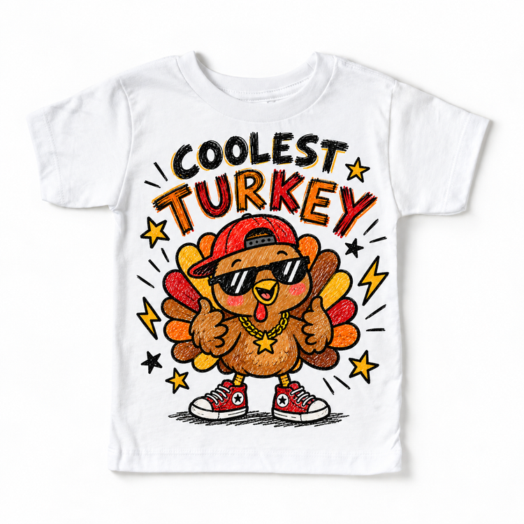 Coolest Turkey graphic on white tee, front view on white background