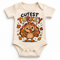 Cutest Turkey graphic on natural bodysuit, front view on white background