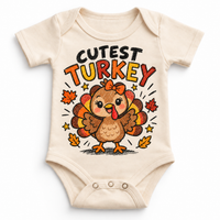 Cutest Turkey graphic on natural bodysuit, front view on white background