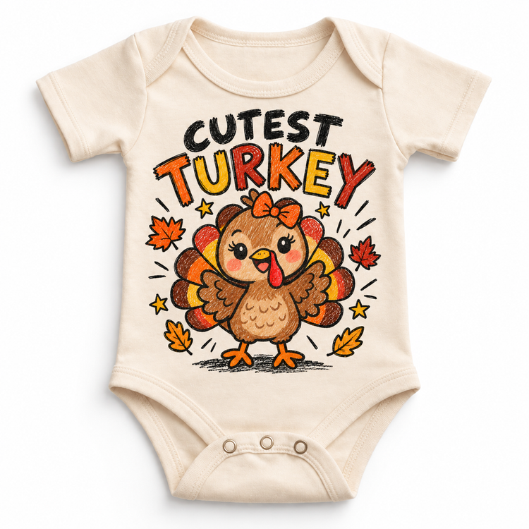 Cutest Turkey graphic on natural bodysuit, front view on white background