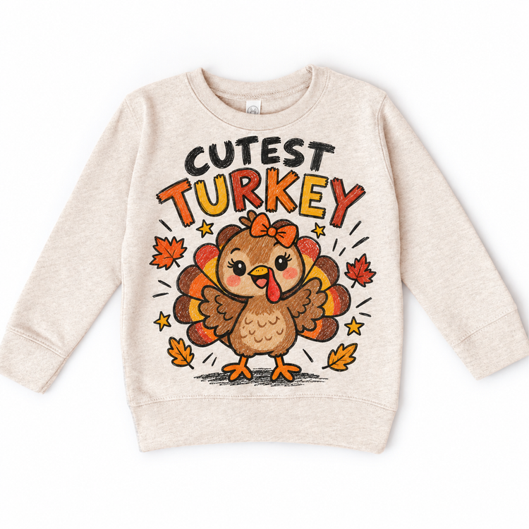 Cutest Turkey graphic on natural sweatshirt, front view on white background