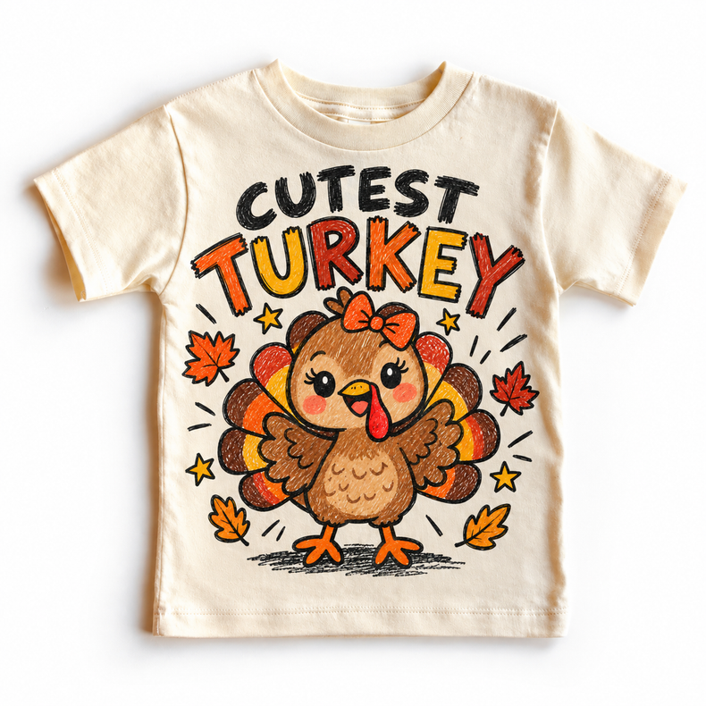 Cutest Turkey graphic on natural tee, front view on white background