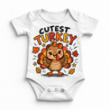 Cutest Turkey graphic on white bodysuit, front view on white background