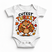 Cutest Turkey graphic on white bodysuit, front view on white background