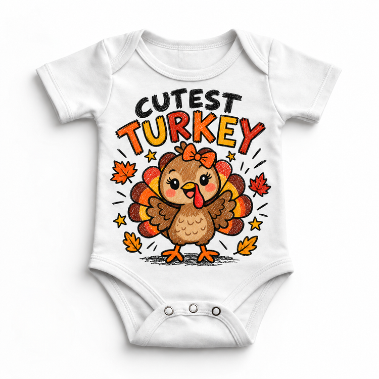 Cutest Turkey graphic on white bodysuit, front view on white background