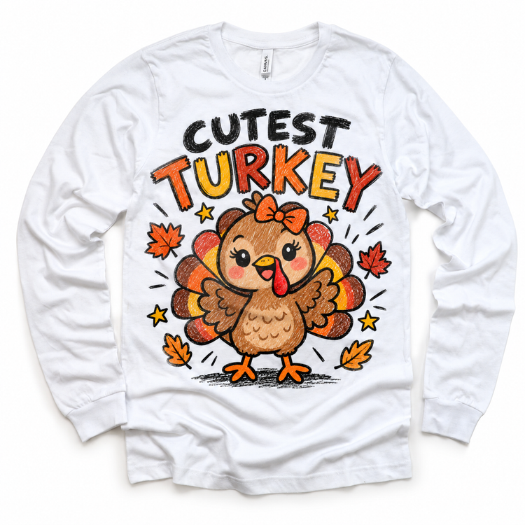 Cutest Turkey graphic on white long sleeve tee, front view on white background