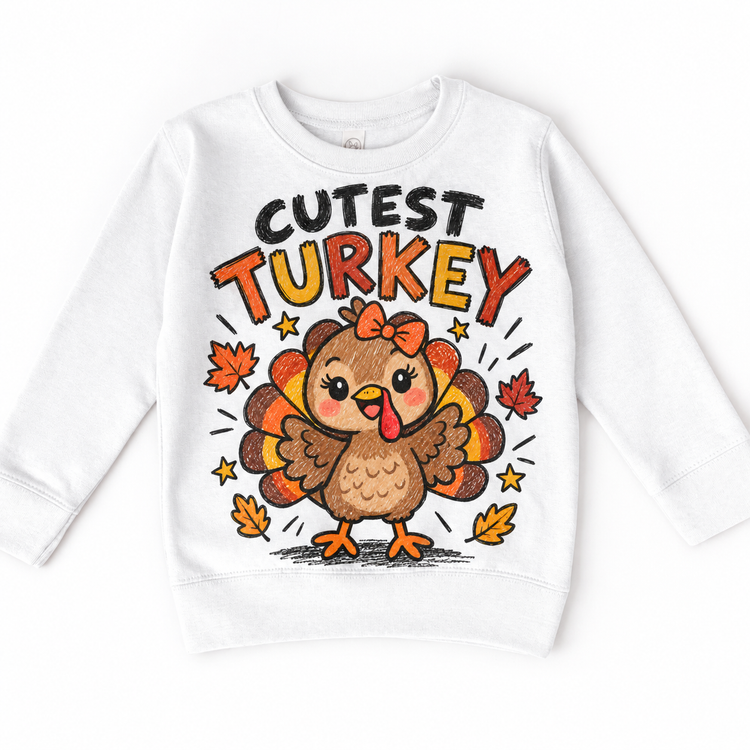 Cutest Turkey graphic on white sweatshirt, front view on white background