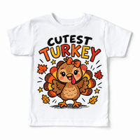 Cutest Turkey graphic on white tee, front view on white background