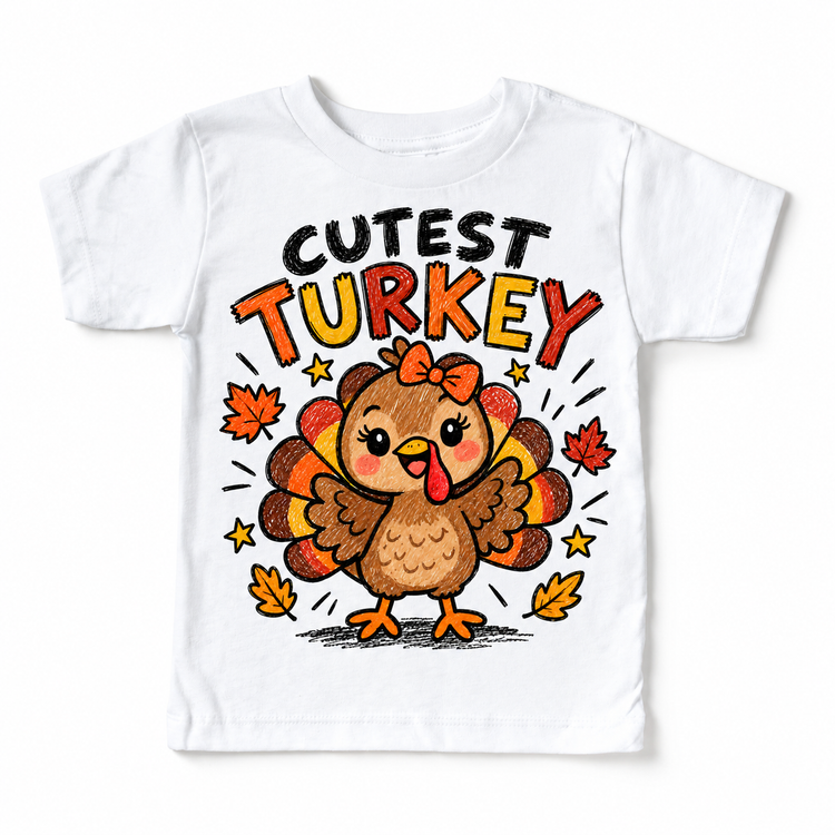 Cutest Turkey graphic on white tee, front view on white background